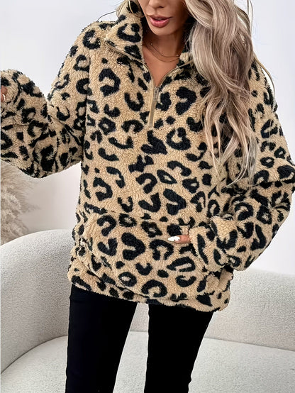 Veste Élégante Femme en Fausse Fourrure à Imprimé Léopard - Manteau d'Hiver à Col avec Fermeture Éclair Intégrale, Veste Chaude à Manches Longues pour Automne/Hiver, Blazer Lavable en Machine (Motif Léopard) - Style pour Tenues Décontractées ou Habillées — 4