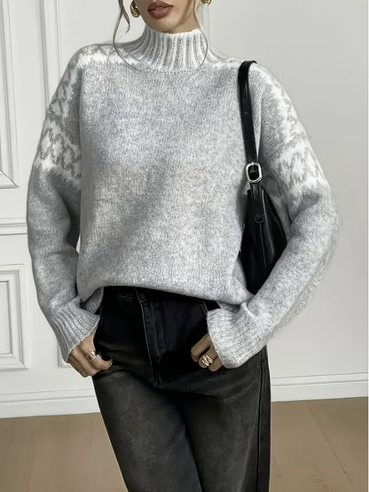Plein d'ambiance ! Nouveau pull gris demi-col roulé de printemps/automne avec motif jacquard, doux et sophistiqué — 4