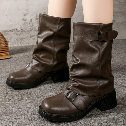 Bottes de mode noires pour femmes, nouvelles bottes à boucle, style européen et américain, talon épais et chunky, semelle épaisse, bottes western légères à pile, bottes plissées, bottes de moto rétro neuves pour femmes, chaussures pour femmes élégantes, c — 13