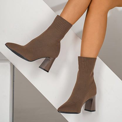 Chaussures élégantes pour femmes, chaussures de dame élégantes, bottes de cheville à talon épais à bout pointu pour femmes, bottes nues, tissu de couleur unie tout-à-fait, confortables, tenue de trajet quotidien, vêtements de fête de festival de musique, — 9