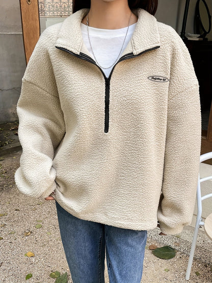 Sweat-shirt en polaire à demi-zip et épaules tombantes avec applique détaillée, le choix parfait pour l'automne et l'hiver des femmes — 7