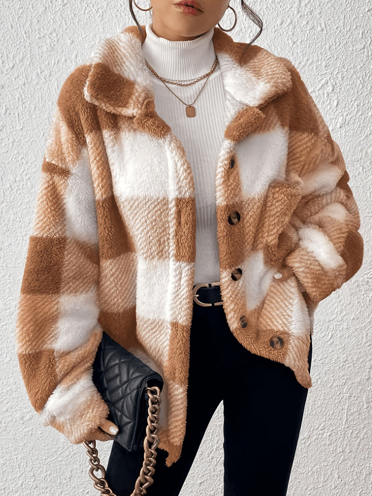 Veste élégante décontractée à carreaux en peluche avec boutons, idéale pour le quotidien en automne et en hiver — 3
