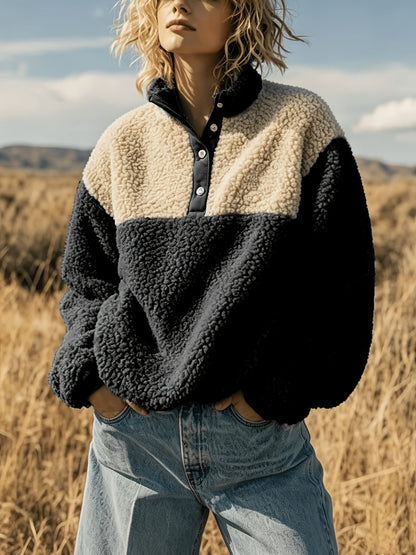 YYTT Automne Hiver Nouvelle Mode Femme Décontractée Color-Block Demi-Boutonnée Peluche Polyvalente Sweat à Manches Courtes pour Trajet/Vacances/Fête/Nouvel An/Noël — 3