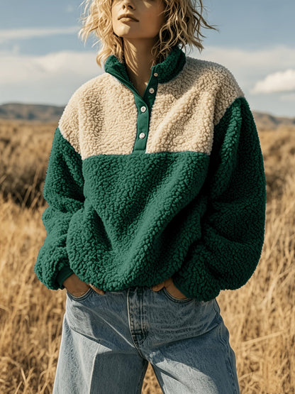 YYTT Automne Hiver Nouvelle Mode Femme Décontractée Color-Block Demi-Boutonnée Peluche Polyvalente Sweat à Manches Courtes pour Trajet/Vacances/Fête/Nouvel An/Noël — 2