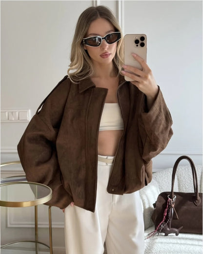 Camille | Veste en Cuir Oversize Courte pour Femme