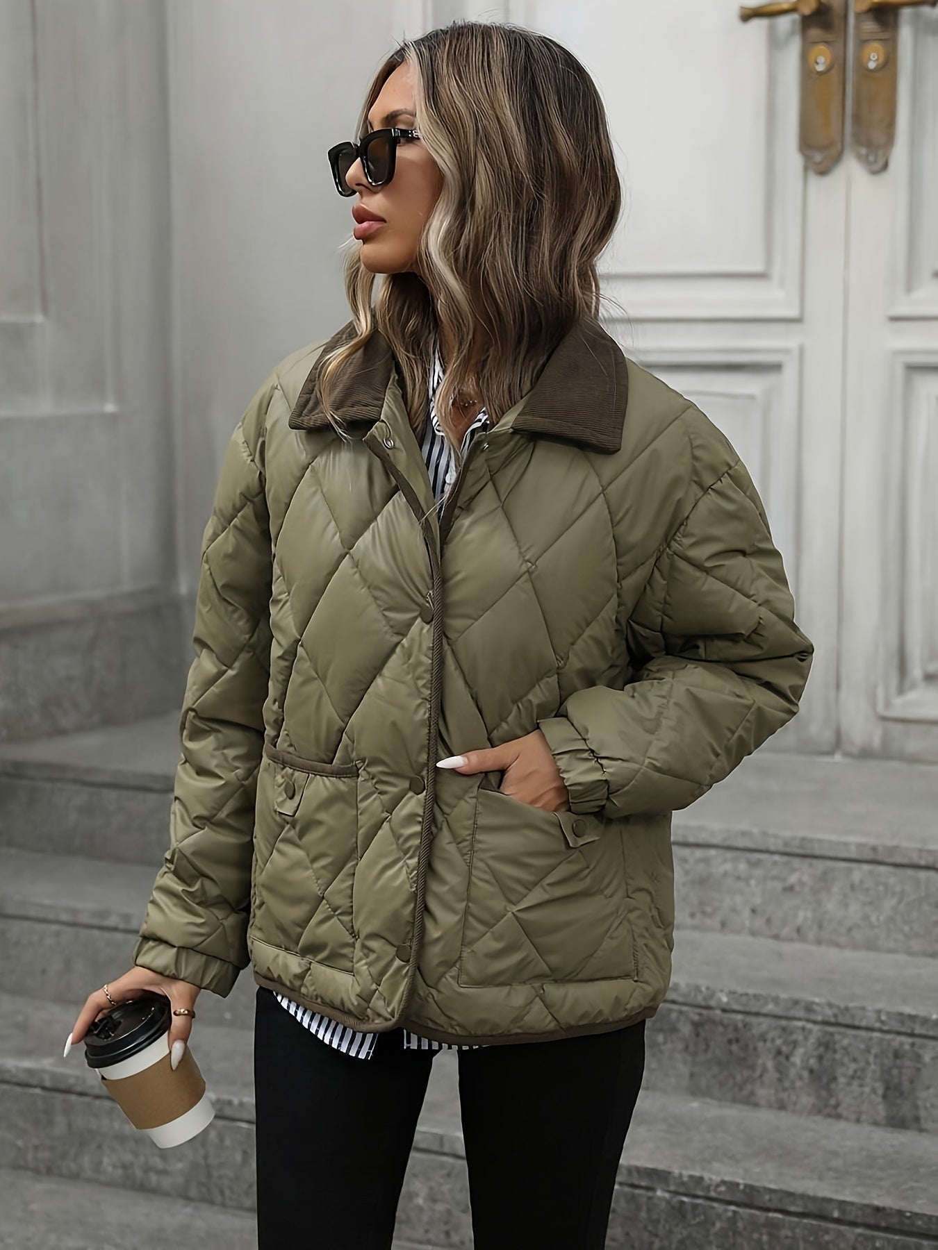 Haut tendance à motif losange pour femme, manteau court matelassé à un seul boutonnage et à col en patchwork pour femme, nouvelle arrivée hiver 2024, liant et ruban de liant, couleur contrastée, vêtement d'extérieur adapté aux petites tailles, manteau mat — 1