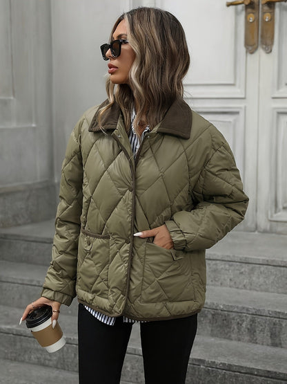 Haut tendance à motif losange pour femme, manteau court matelassé à un seul boutonnage et à col en patchwork pour femme, nouvelle arrivée hiver 2024, liant et ruban de liant, couleur contrastée, vêtement d'extérieur adapté aux petites tailles, manteau mat — 1