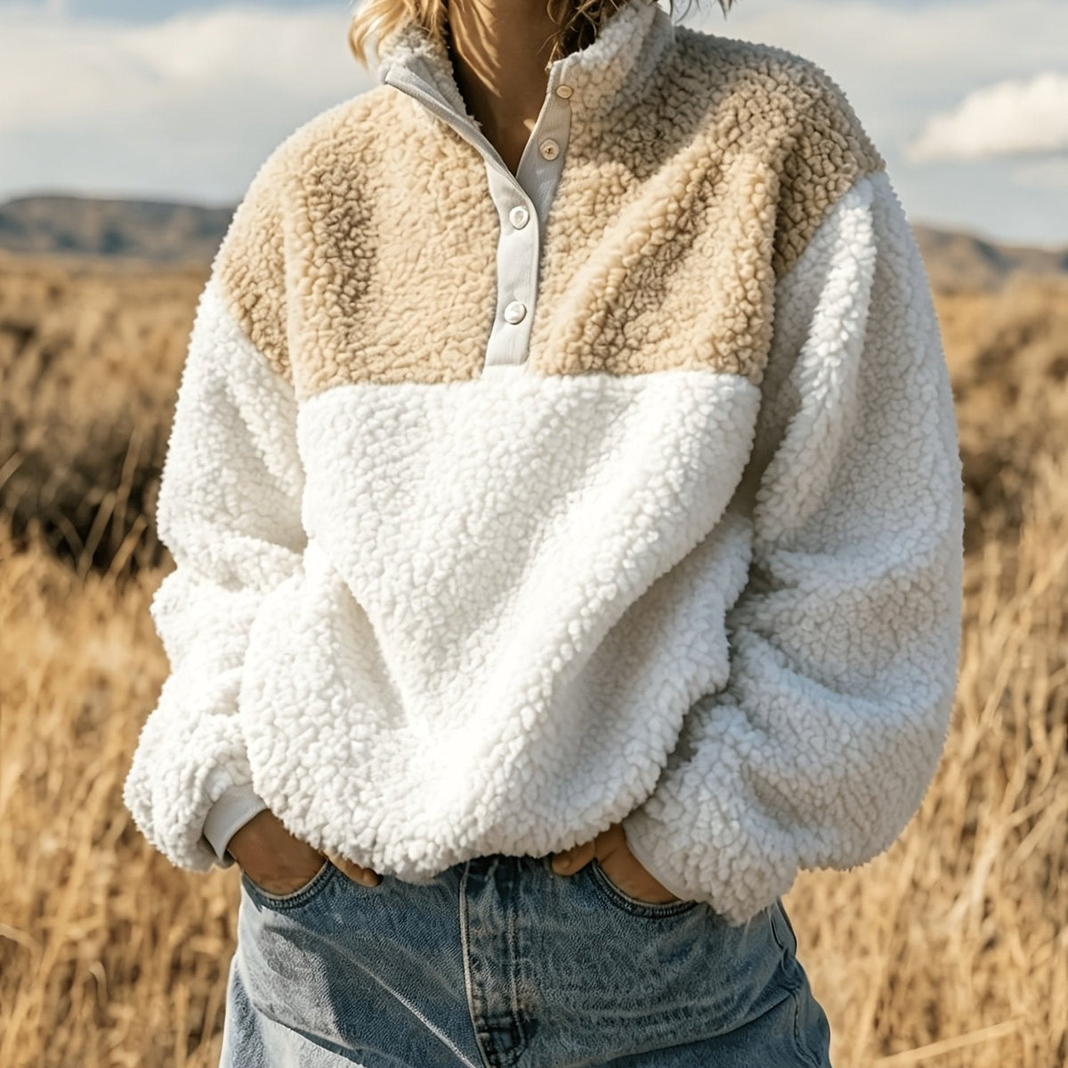 YYTT Automne Hiver Nouvelle Mode Femme Décontractée Color-Block Demi-Boutonnée Peluche Polyvalente Sweat à Manches Courtes pour Trajet/Vacances/Fête/Nouvel An/Noël — 17