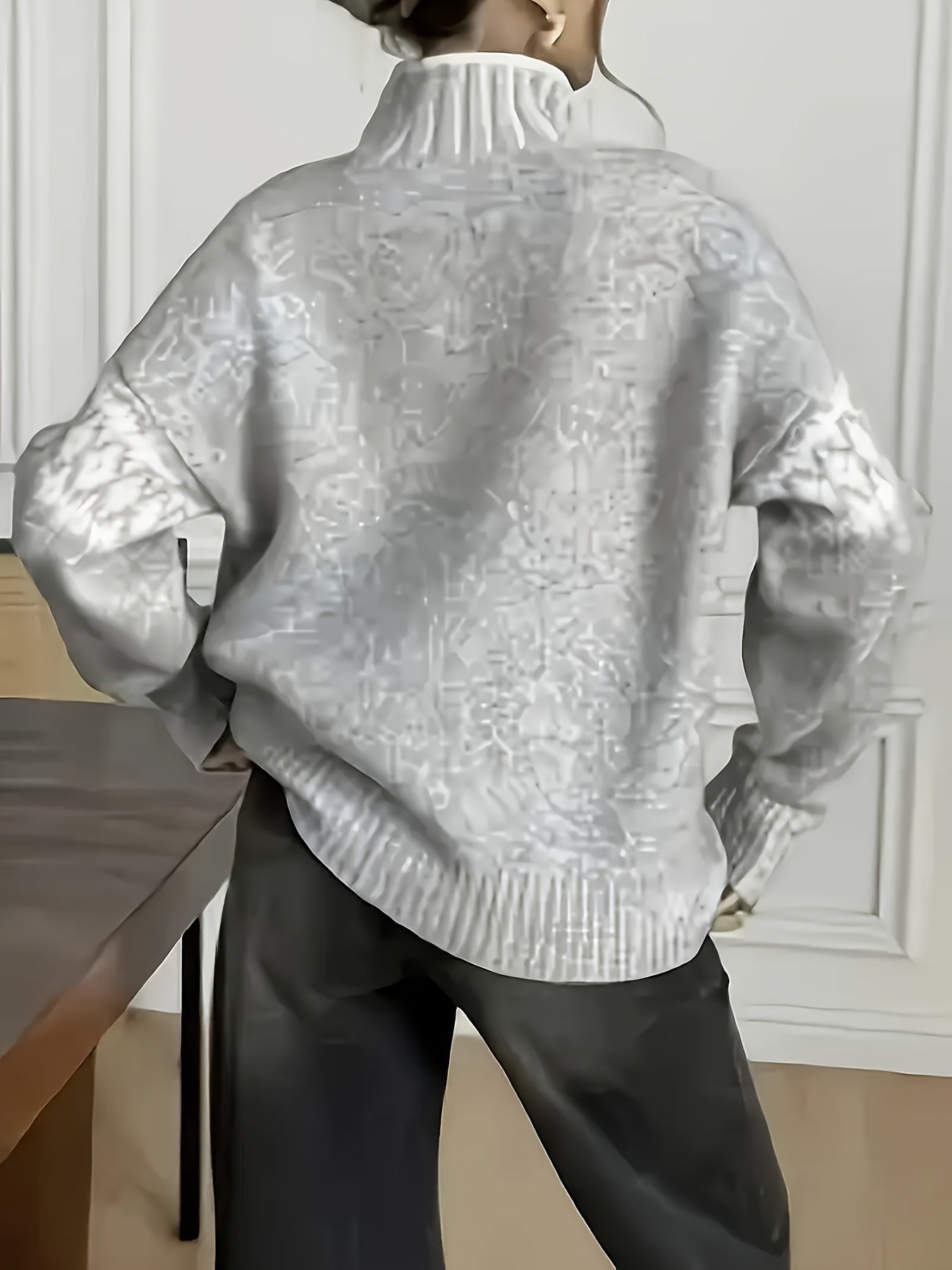 Plein d'ambiance ! Nouveau pull gris demi-col roulé de printemps/automne avec motif jacquard, doux et sophistiqué — 8