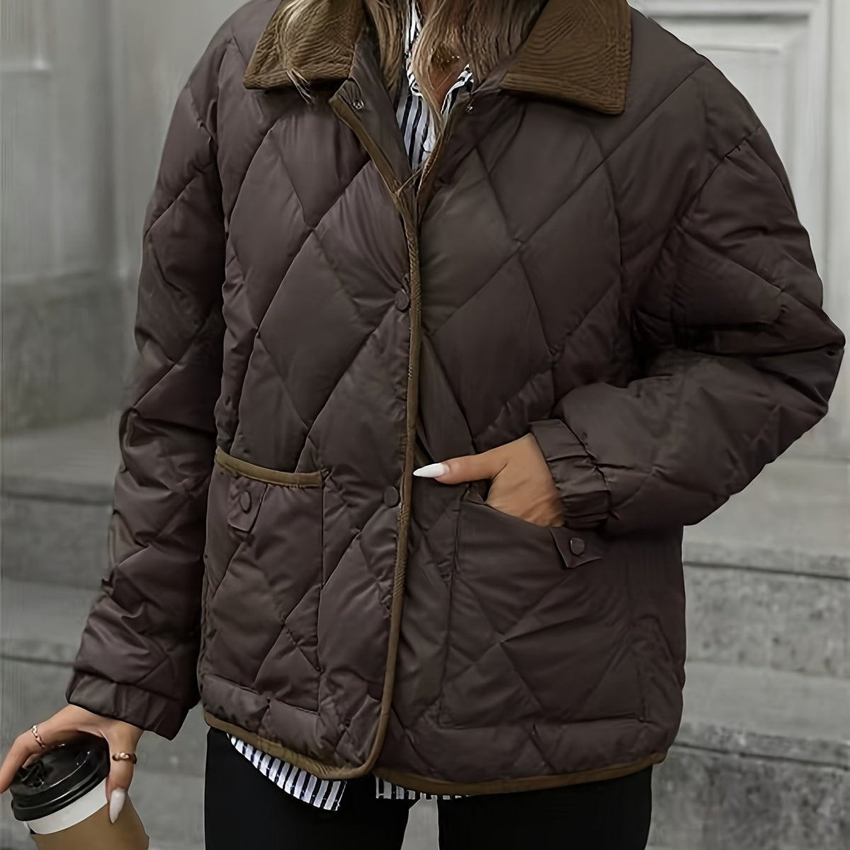 Haut tendance à motif losange pour femme, manteau court matelassé à un seul boutonnage et à col en patchwork pour femme, nouvelle arrivée hiver 2024, liant et ruban de liant, couleur contrastée, vêtement d'extérieur adapté aux petites tailles, manteau mat — 12
