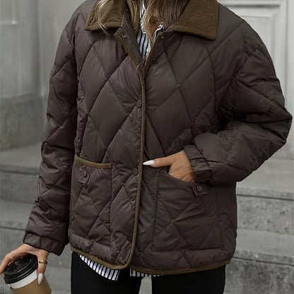 Haut tendance à motif losange pour femme, manteau court matelassé à un seul boutonnage et à col en patchwork pour femme, nouvelle arrivée hiver 2024, liant et ruban de liant, couleur contrastée, vêtement d'extérieur adapté aux petites tailles, manteau mat — 12