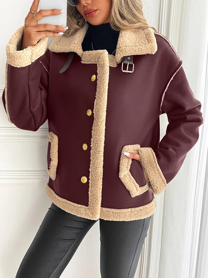 Veste de moto élégante pour femme avec doublure en fausse fourrure - Design bicolore marron et beige avec boutons dorés, poches et bretelles ajustables, parfaite pour l'automne/hiver, veste d'hiver | Tenue d'hiver élégante | Veste doublée en fausse fourru — 8