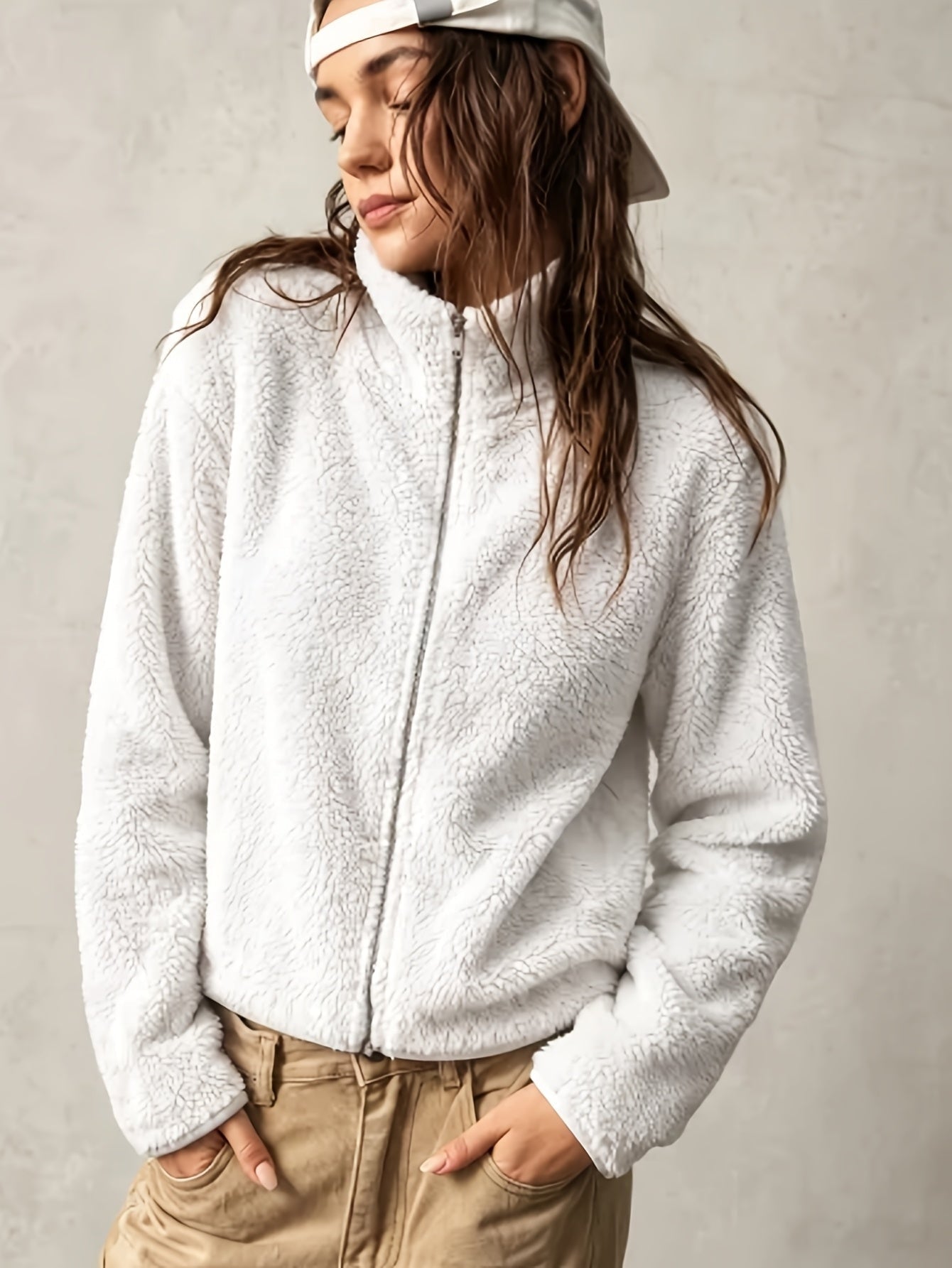 Manteau Épais en Peluche Zippé Slim pour Femmes, Vêtement d'Extérieur Chaud d'Automne à Col Rond Uni pour les Trajets et les Voyages — 6