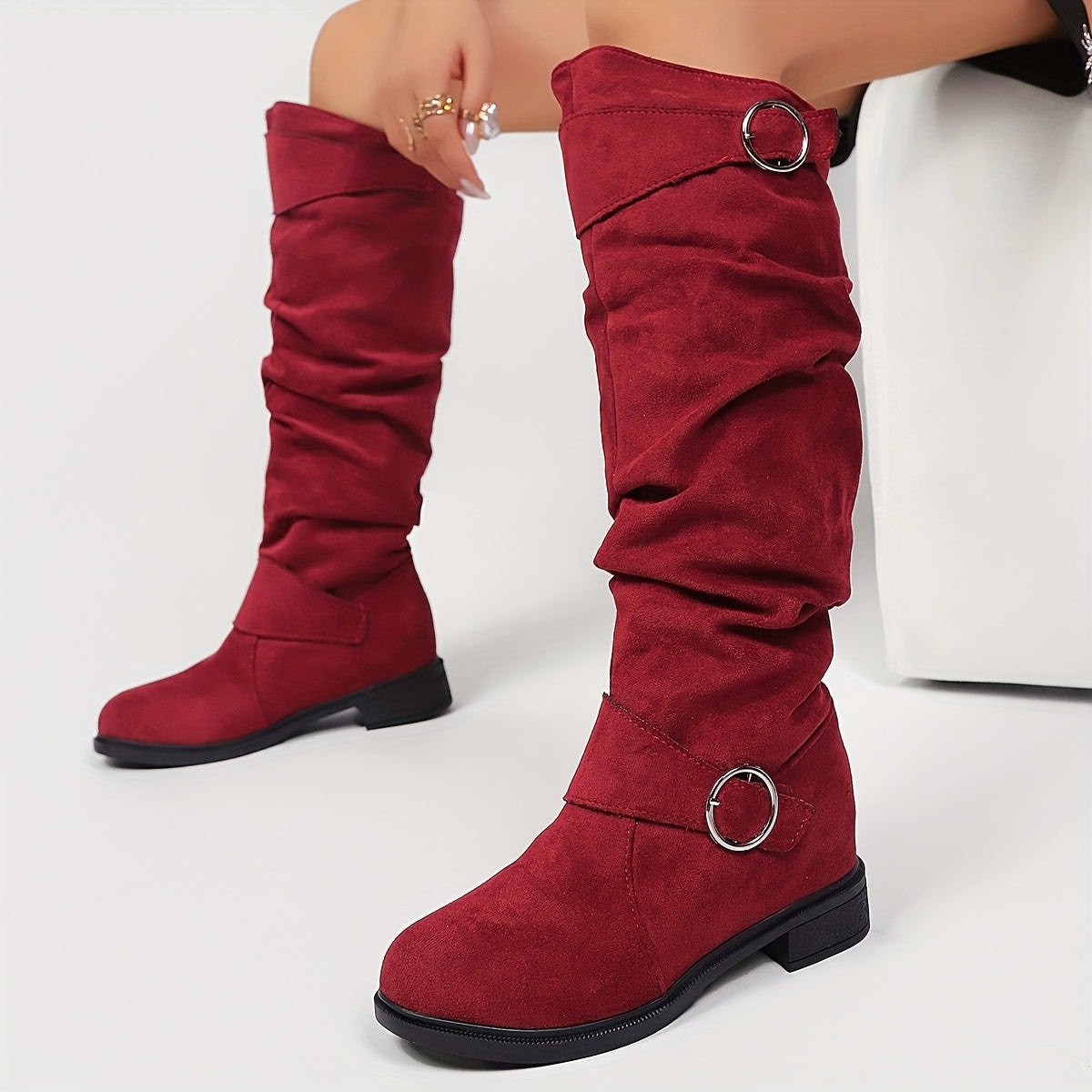 Bottes Classiques pour Femmes à Double Boucle, Design Plissé, Semelle Épaisse Confortable et Chaude, Doublure en Peluche, Souples et Polyvalentes, Chaussures pour Femmes — 10