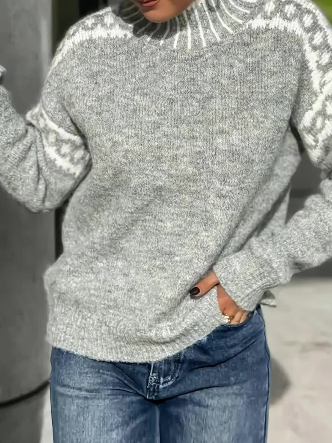 Plein d'ambiance ! Nouveau pull gris demi-col roulé de printemps/automne avec motif jacquard, doux et sophistiqué — 11