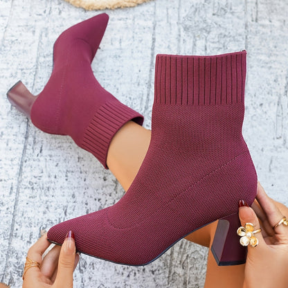 Chaussures élégantes pour femmes, chaussures de dame élégantes, bottes de cheville à talon épais à bout pointu pour femmes, bottes nues, tissu de couleur unie tout-à-fait, confortables, tenue de trajet quotidien, vêtements de fête de festival de musique, — 8
