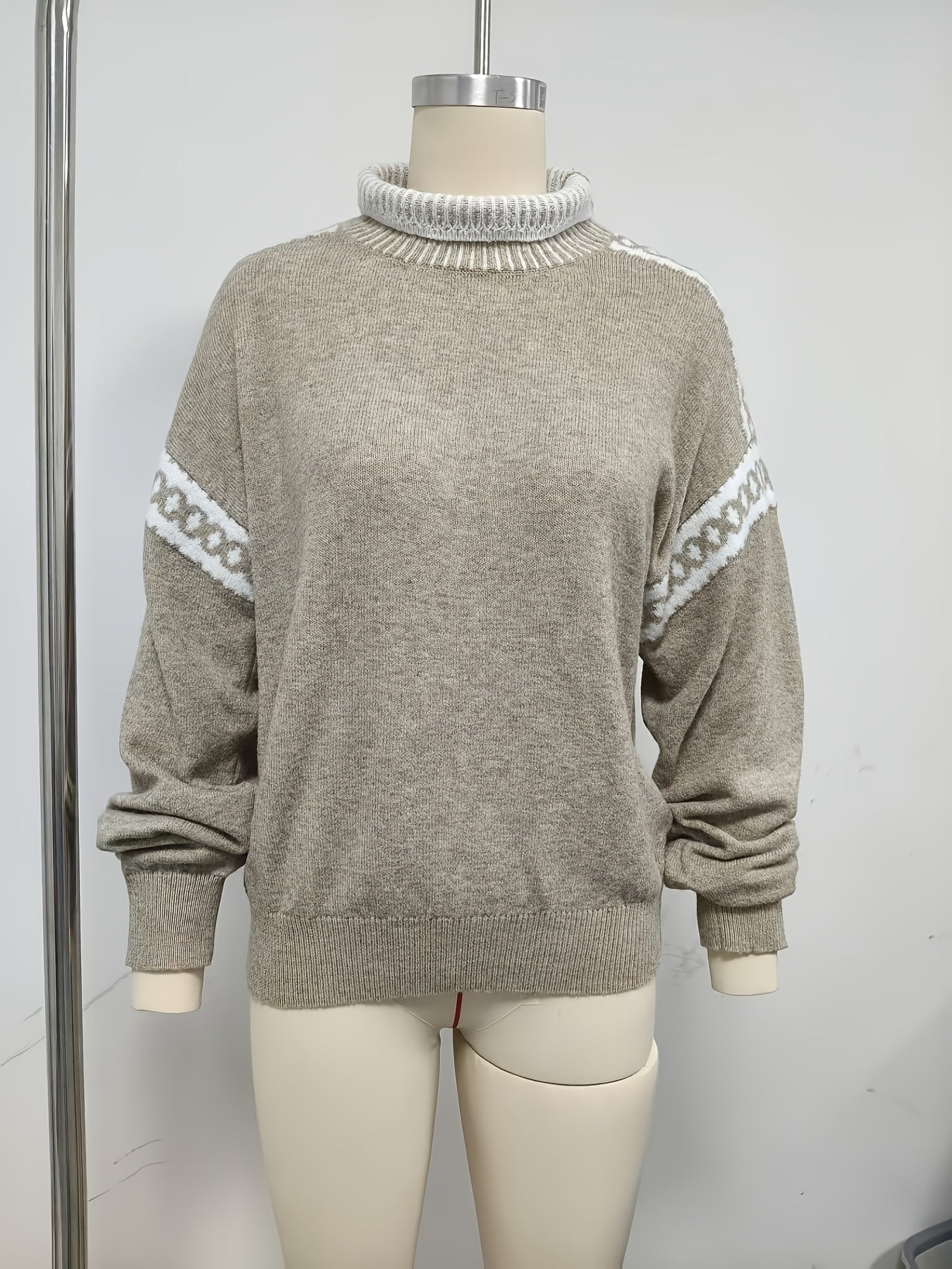 Plein d'ambiance ! Nouveau pull gris demi-col roulé de printemps/automne avec motif jacquard, doux et sophistiqué — 10