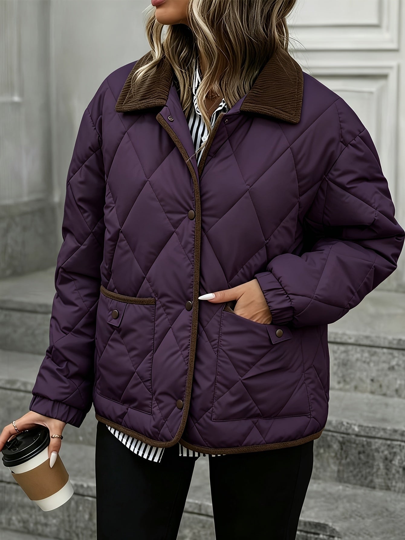 Haut tendance à motif losange pour femme, manteau court matelassé à un seul boutonnage et à col en patchwork pour femme, nouvelle arrivée hiver 2024, liant et ruban de liant, couleur contrastée, vêtement d'extérieur adapté aux petites tailles, manteau mat — 5