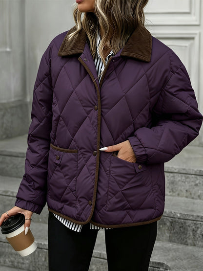 Haut tendance à motif losange pour femme, manteau court matelassé à un seul boutonnage et à col en patchwork pour femme, nouvelle arrivée hiver 2024, liant et ruban de liant, couleur contrastée, vêtement d'extérieur adapté aux petites tailles, manteau mat — 5