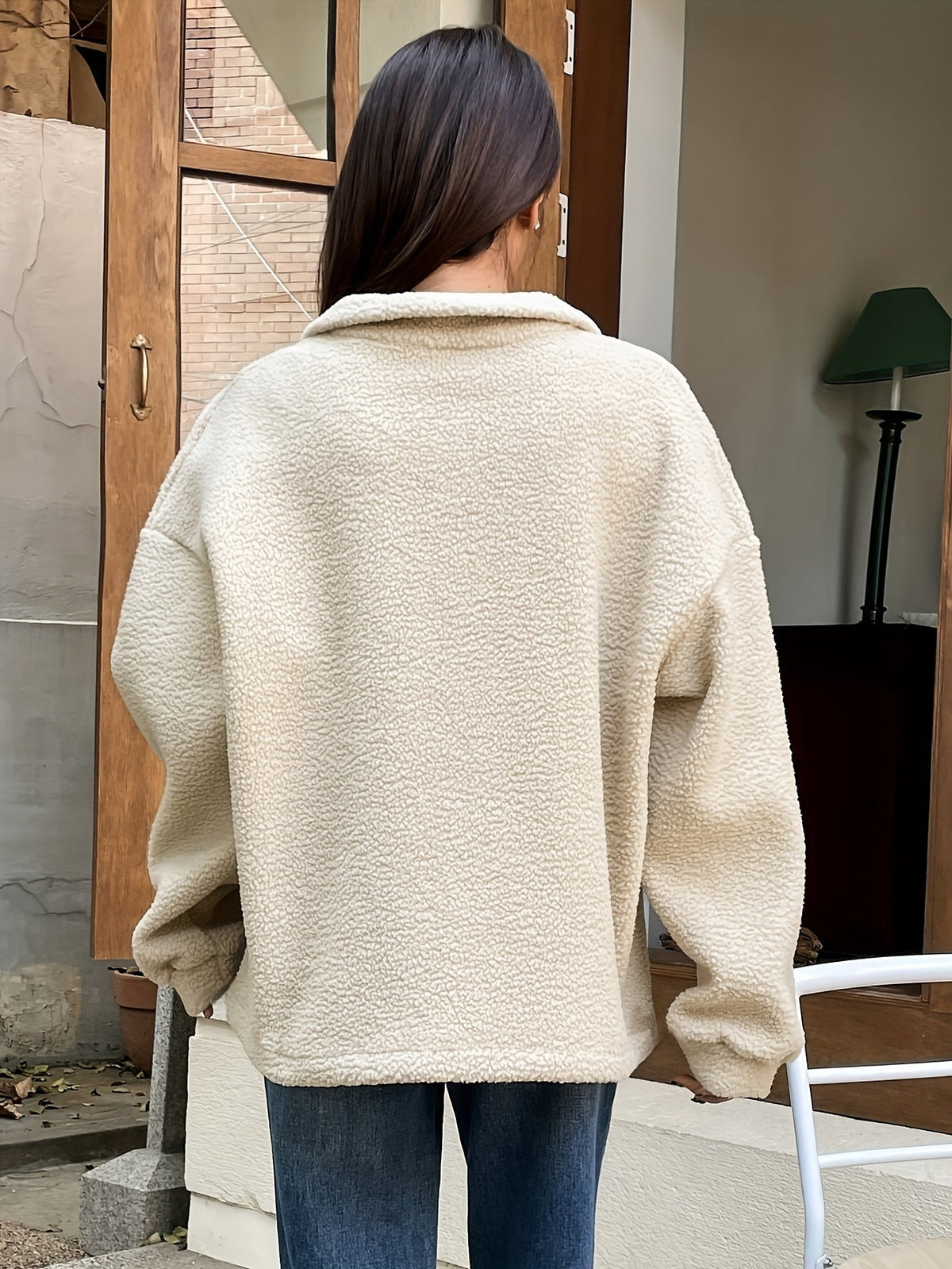 Sweat-shirt en polaire à demi-zip et épaules tombantes avec applique détaillée, le choix parfait pour l'automne et l'hiver des femmes — 4