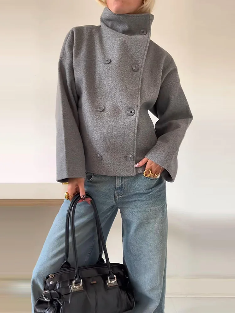 Manteau élégant femmes mélange de laine avec boutons – Vêtement d'hiver à col montant — 6