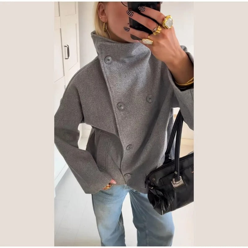 Manteau élégant femmes mélange de laine avec boutons – Vêtement d'hiver à col montant — 7