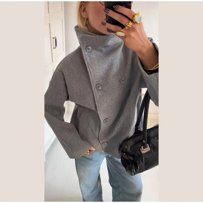 Manteau élégant femmes mélange de laine avec boutons – Vêtement d'hiver à col montant — 7