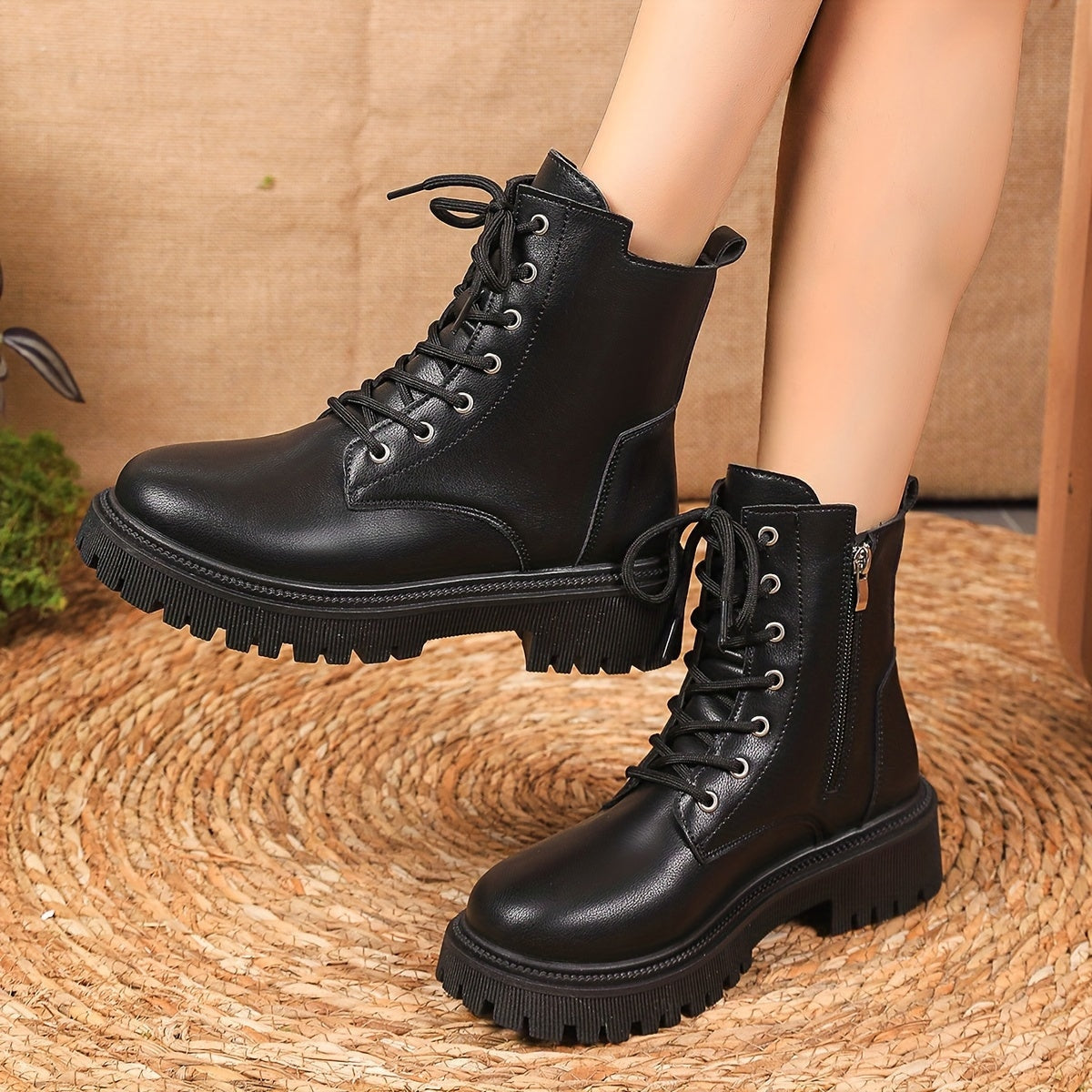 Bottines Courtes à Plateforme Unies pour Femmes, Bottines à Lacets et Fermeture Éclair Latérale, Bottines Confortables pour Femmes, Chaussures pour Femmes — 2