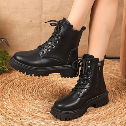 Bottines Courtes à Plateforme Unies pour Femmes, Bottines à Lacets et Fermeture Éclair Latérale, Bottines Confortables pour Femmes, Chaussures pour Femmes — 2