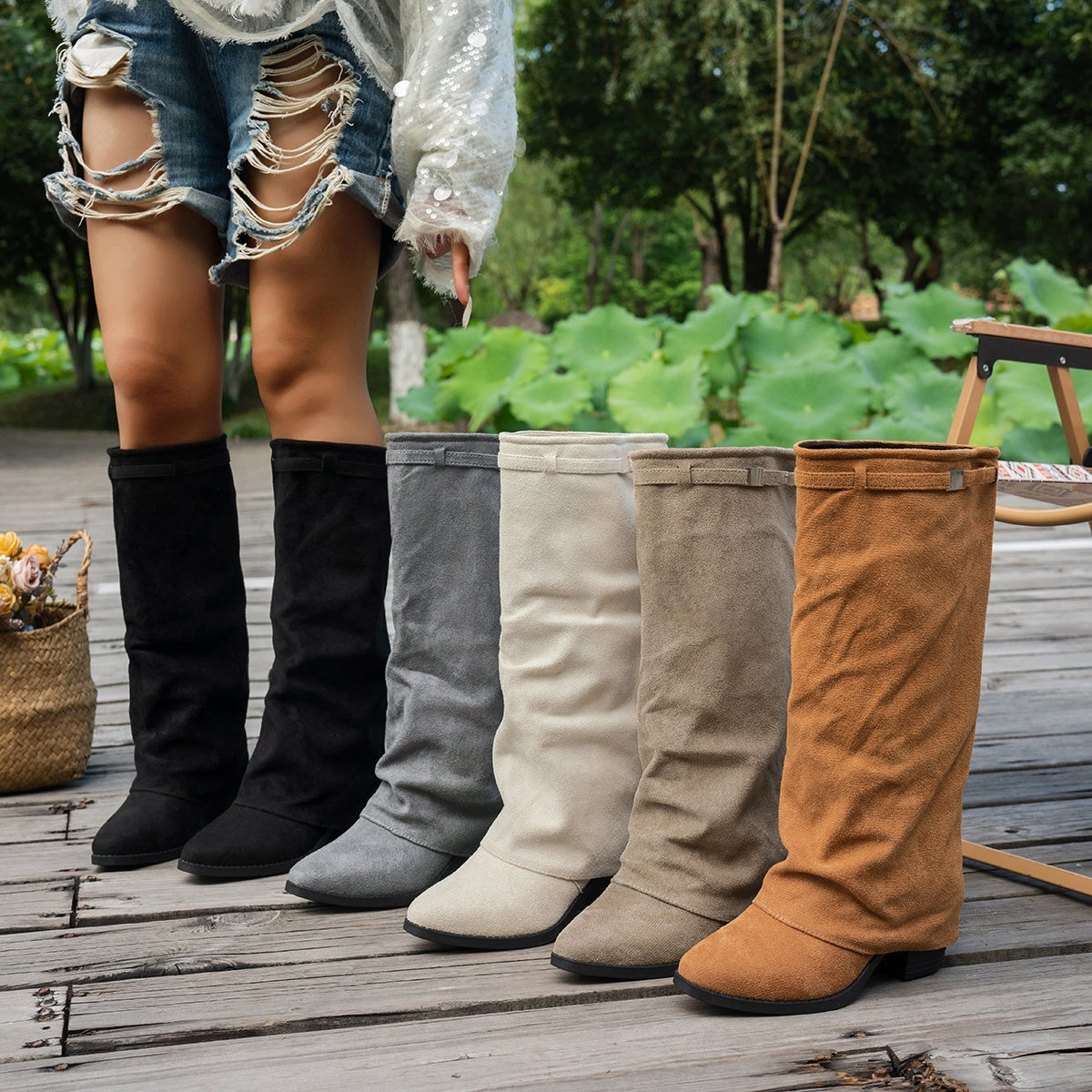 Bottes de cowboy vintage western pour femmes, bottes de monte à talons épais et bout rond, bottes longues rétro décontractées, bottes amples plissées et gonflées, bottes amples sur la jambe, chaussures pour femmes — 1