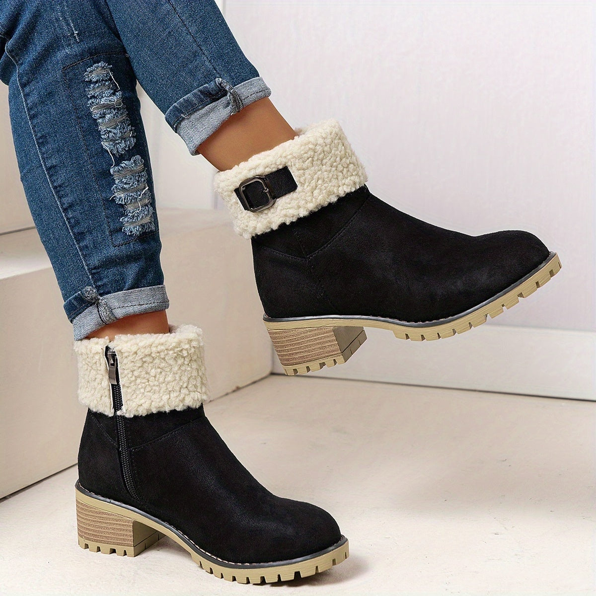 Nouvelles Bottes Montantes Noires 2025, Bottes Courtes Décontractées et Tendance pour Femmes, Bottes à Fermeture Éclair à Bout Rond pour Femmes, Chaudes et Épaisses pour l'Extérieur, Chaussures pour Femmes — 5