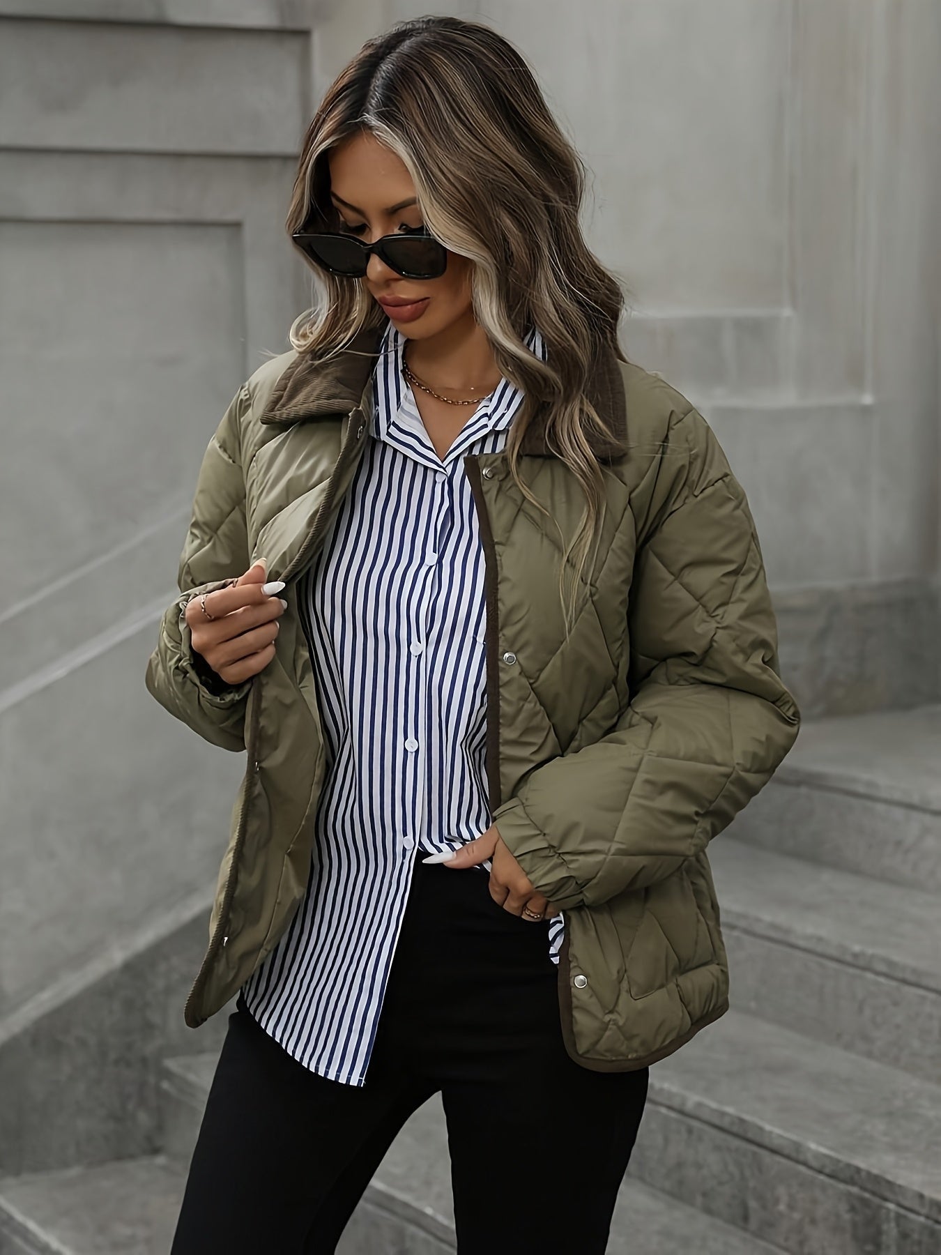 Haut tendance à motif losange pour femme, manteau court matelassé à un seul boutonnage et à col en patchwork pour femme, nouvelle arrivée hiver 2024, liant et ruban de liant, couleur contrastée, vêtement d'extérieur adapté aux petites tailles, manteau mat — 7