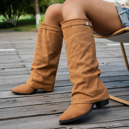 Bottes de cowboy vintage western pour femmes, bottes de monte à talons épais et bout rond, bottes longues rétro décontractées, bottes amples plissées et gonflées, bottes amples sur la jambe, chaussures pour femmes — 6