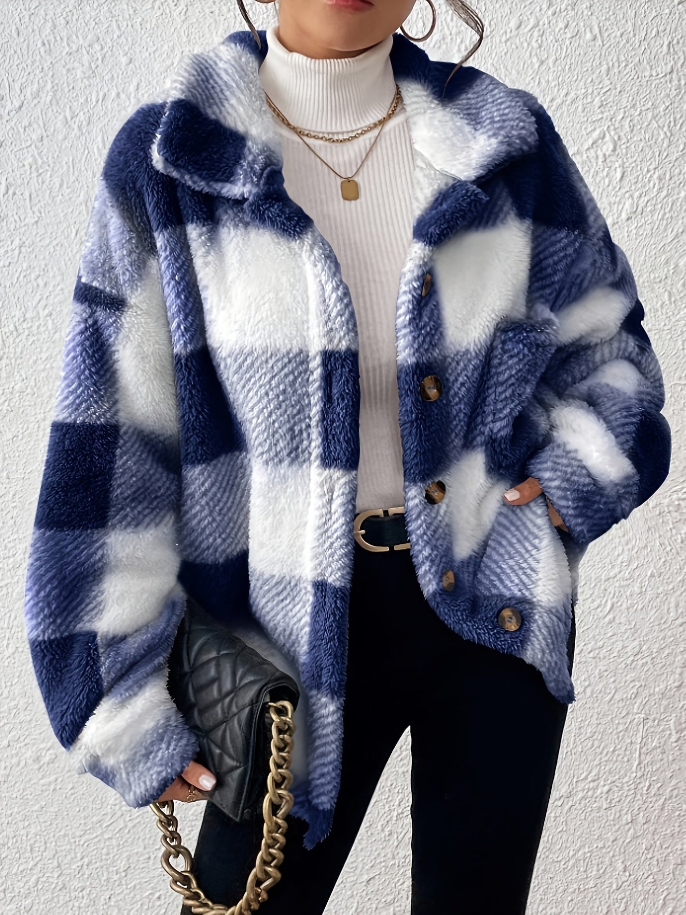 Veste élégante décontractée à carreaux en peluche avec boutons, idéale pour le quotidien en automne et en hiver — 4