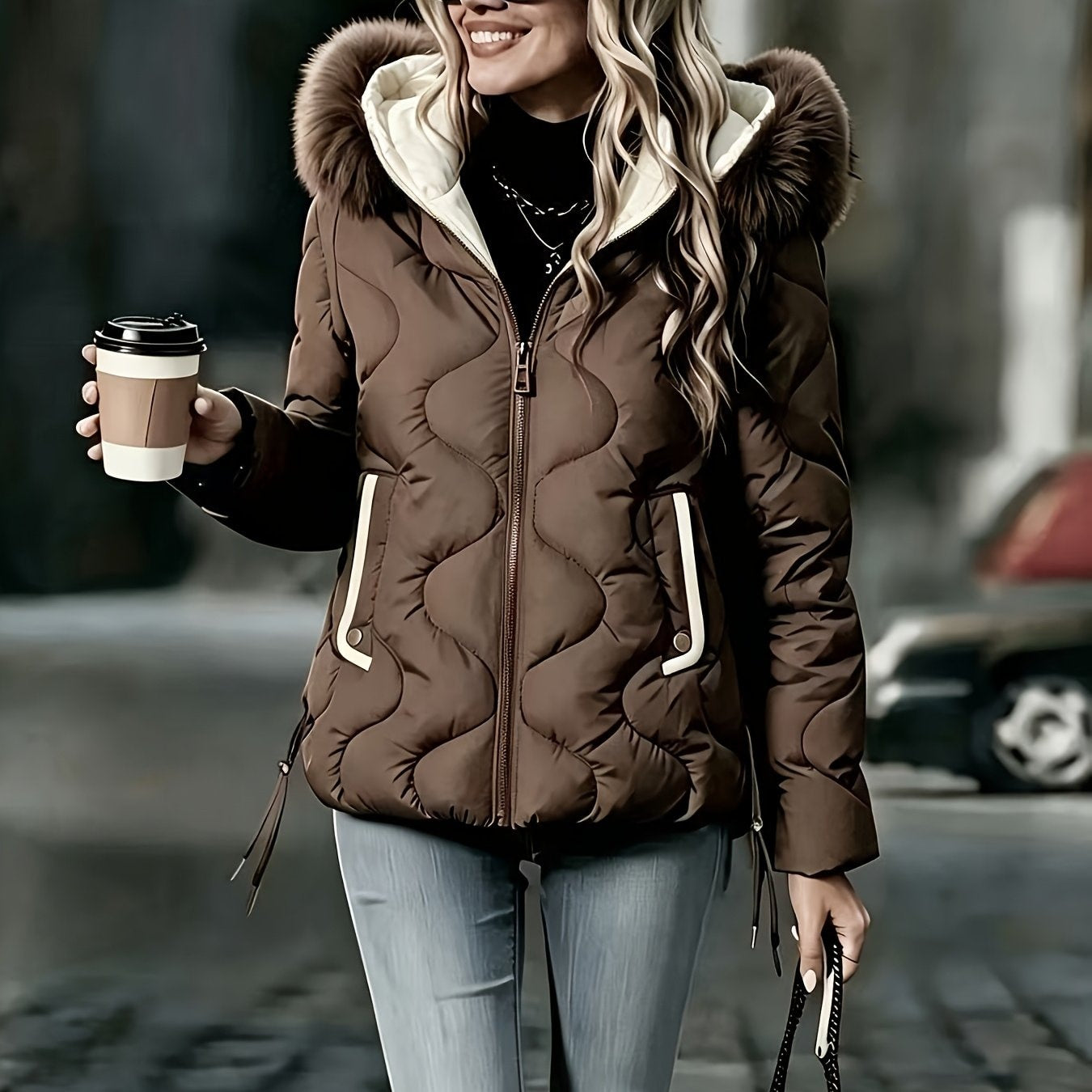 Veste matelassée ondulée, nouveau style automne-hiver, manteau chaud à col surdimensionné, haut décontracté pour femmes avec poche color-block, col amovible et rembourrage isolant matelassé, facile pour l'hiver à -10°C, coupe-vent et rétention de chaleur, — 12