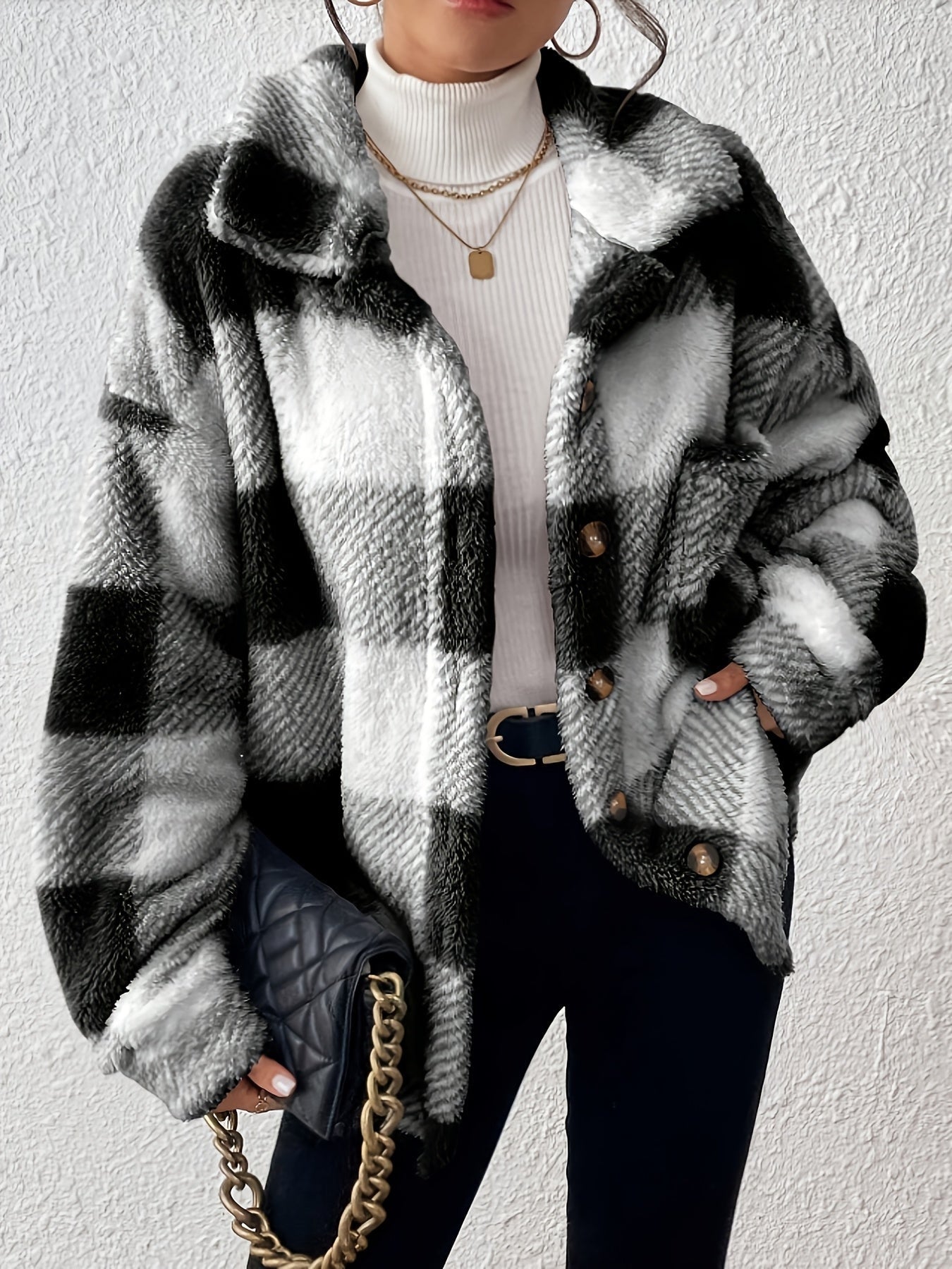 Veste élégante décontractée à carreaux en peluche avec boutons, idéale pour le quotidien en automne et en hiver — 6