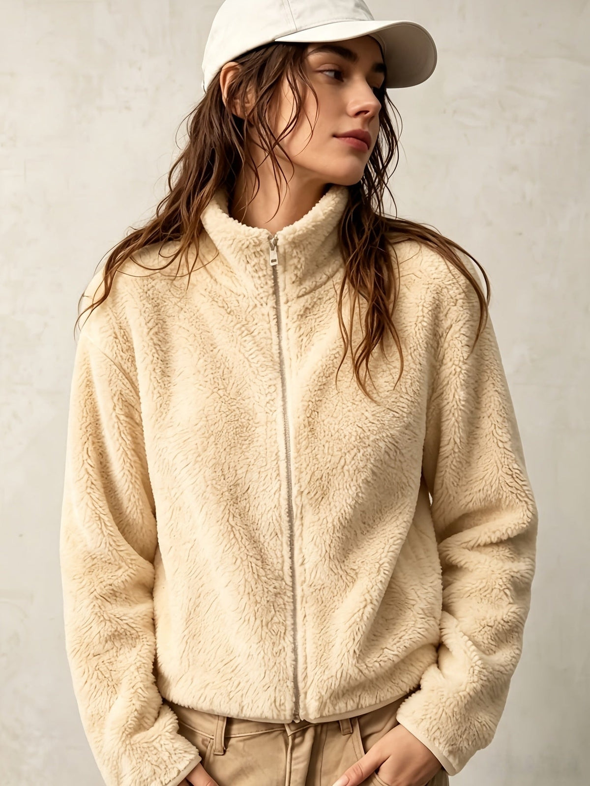 Manteau Épais en Peluche Zippé Slim pour Femmes, Vêtement d'Extérieur Chaud d'Automne à Col Rond Uni pour les Trajets et les Voyages — 8