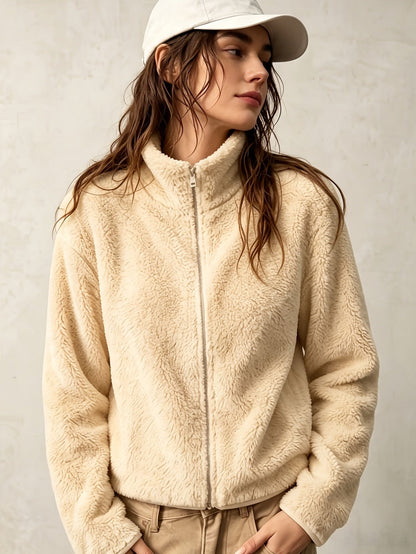 Manteau Épais en Peluche Zippé Slim pour Femmes, Vêtement d'Extérieur Chaud d'Automne à Col Rond Uni pour les Trajets et les Voyages — 8