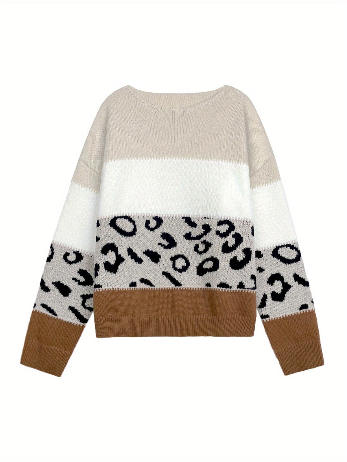 Pull Femme Automne Hiver Imprimé Léopard Color Block Épaules Dénudées Manches Longues Ample Élégant Décontracté — 5