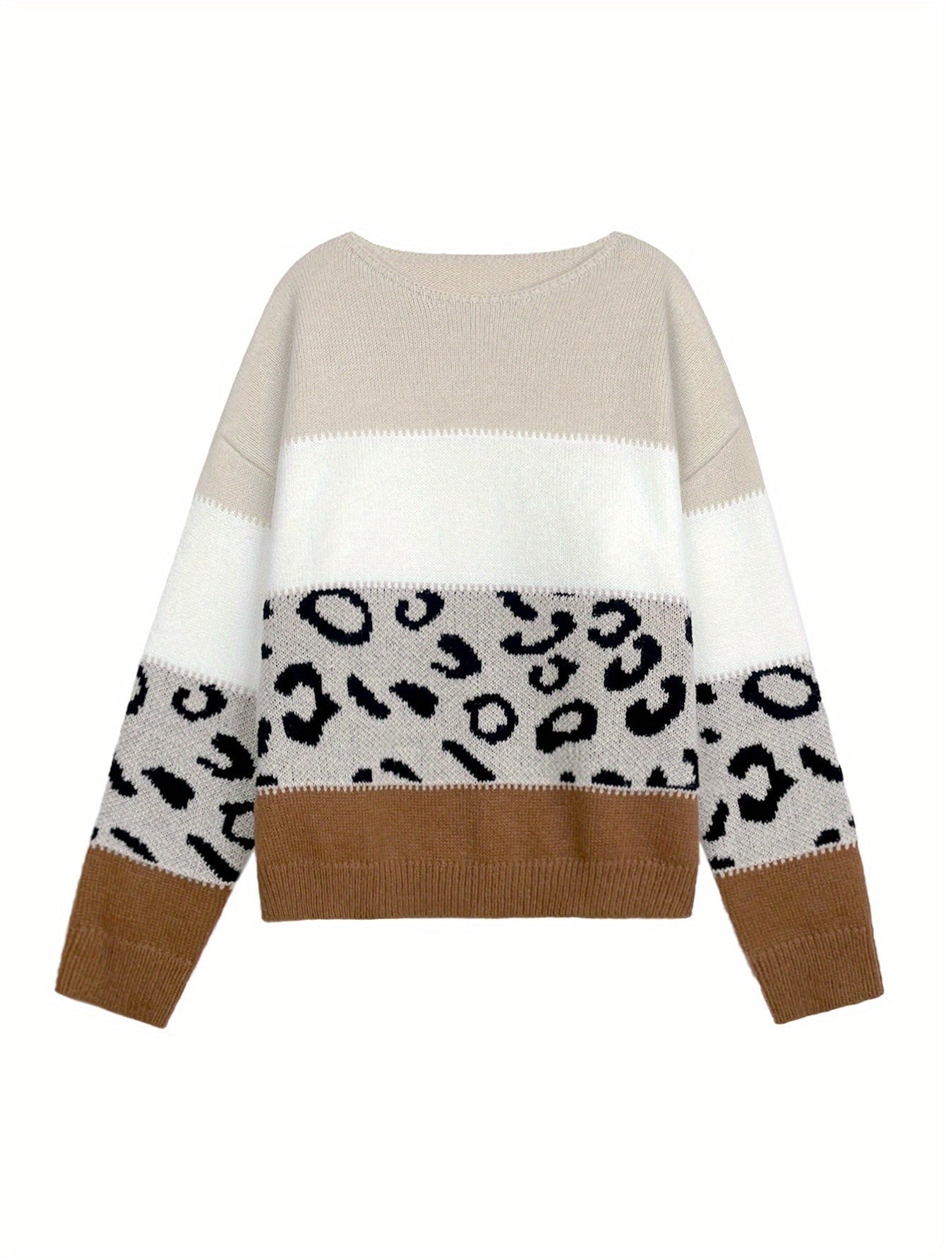 Pull Femme Automne Hiver Imprimé Léopard Color Block Épaules Dénudées Manches Longues Ample Élégant Décontracté — 5