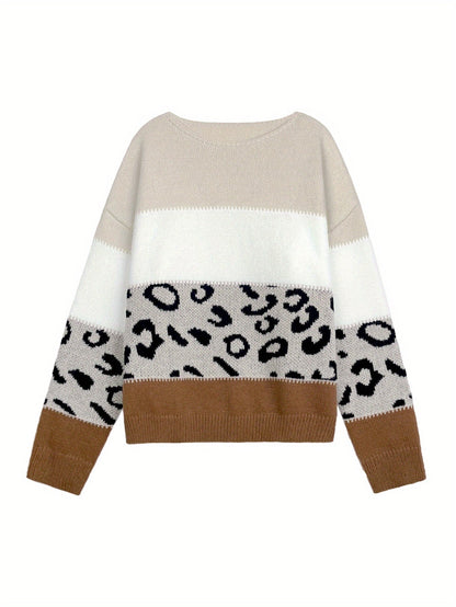 Pull Femme Automne Hiver Imprimé Léopard Color Block Épaules Dénudées Manches Longues Ample Élégant Décontracté — 5