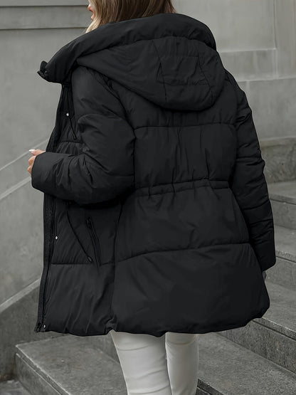 Manteau épais à capuche mi-longe pour femmes, couleur unie, ceinture réglable élégante et tendance, manteau trench chaud et décontracté à bouton unique sur la poche zippée, adapté pour l'automne et l'hiver, manteau long à manches bouffantes — 3