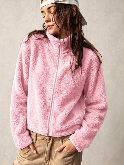 Manteau Épais en Peluche Zippé Slim pour Femmes, Vêtement d'Extérieur Chaud d'Automne à Col Rond Uni pour les Trajets et les Voyages — 2