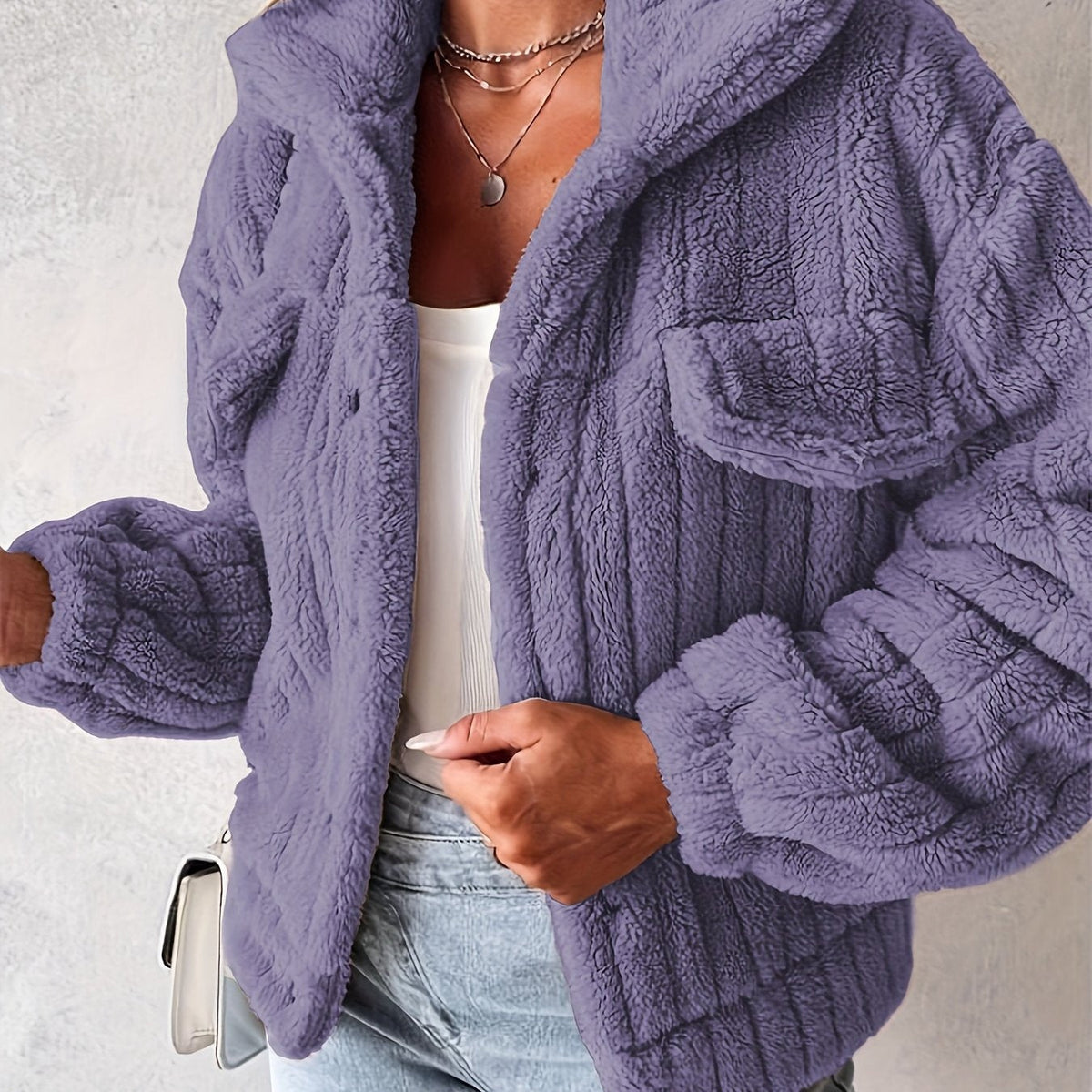 Veste décontractée à col retourné et manches longues en teddy pour femme — 12