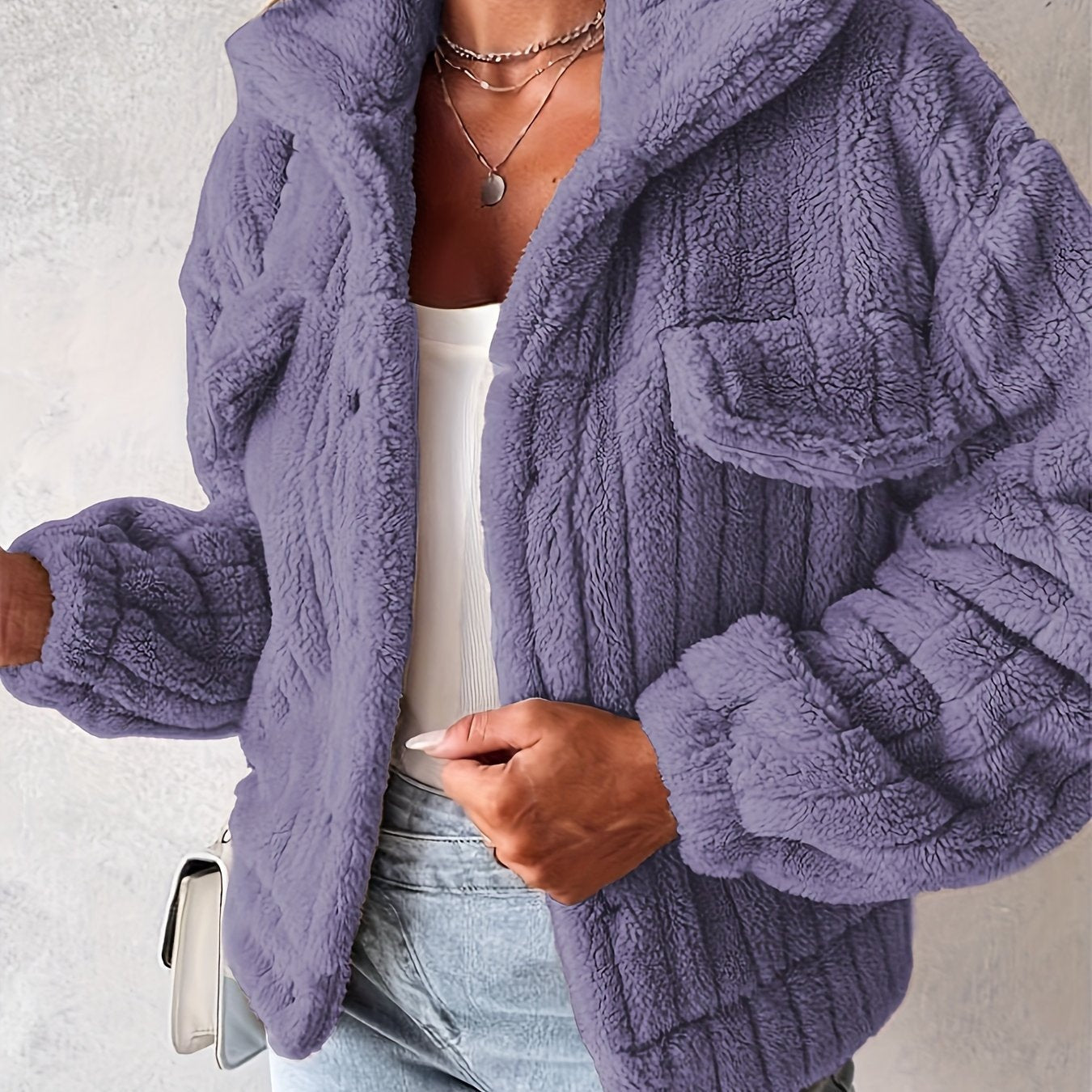 Veste décontractée à col retourné et manches longues en teddy pour femme — 12