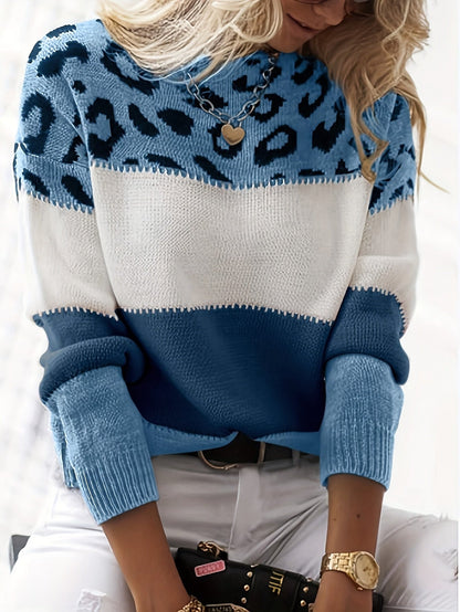 Pull Femme Automne Hiver Imprimé Léopard Color Block Épaules Dénudées Manches Longues Ample Élégant Décontracté — 1