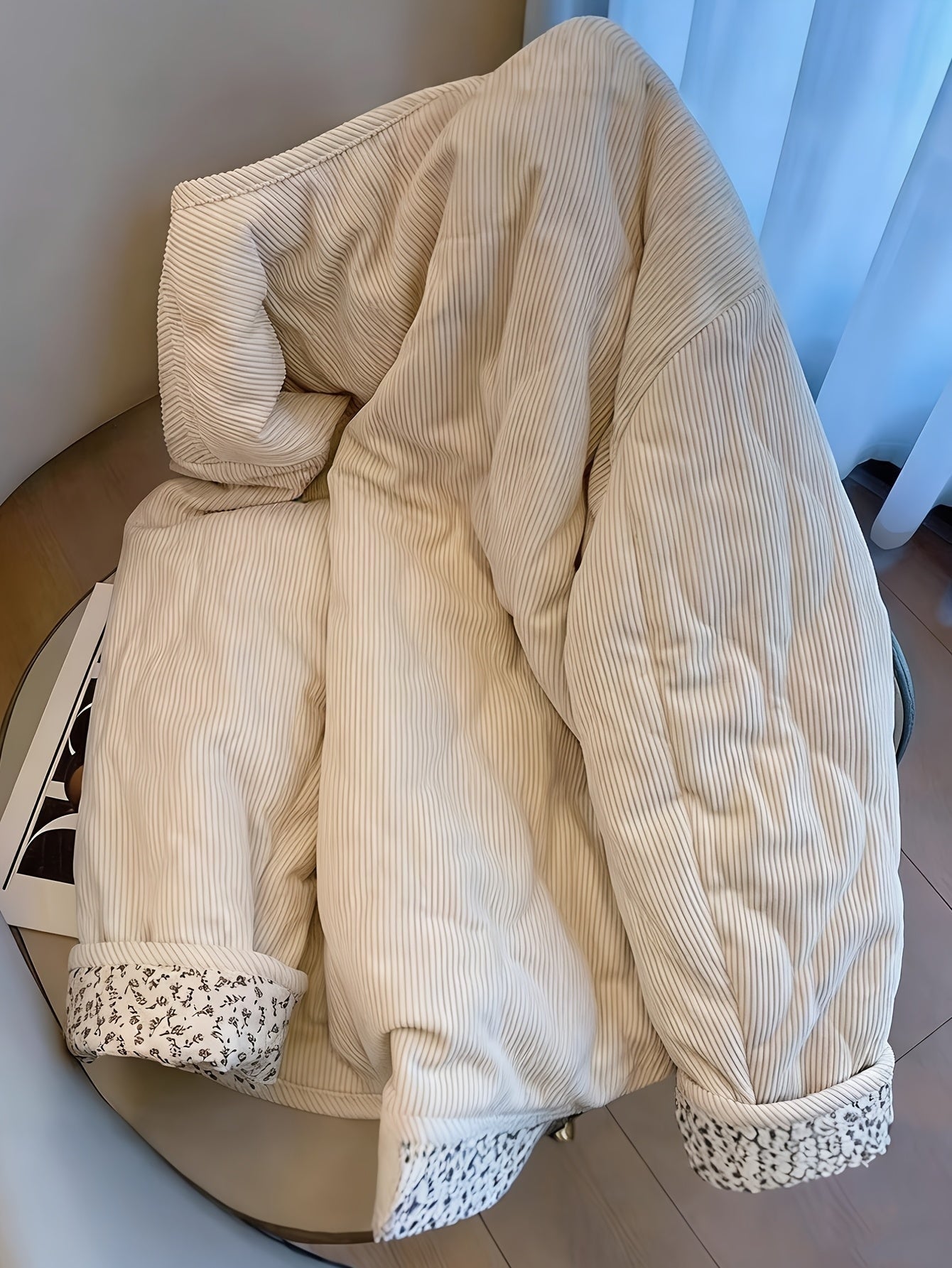 Manteau matelassé imprimé floral beige, manteau matelassé à manches longues pour automne/hiver, veste décontractée lavable en machine sans ceinture, idéal pour un usage quotidien et loisirs, manteau matelassé chaud et confortable — 4