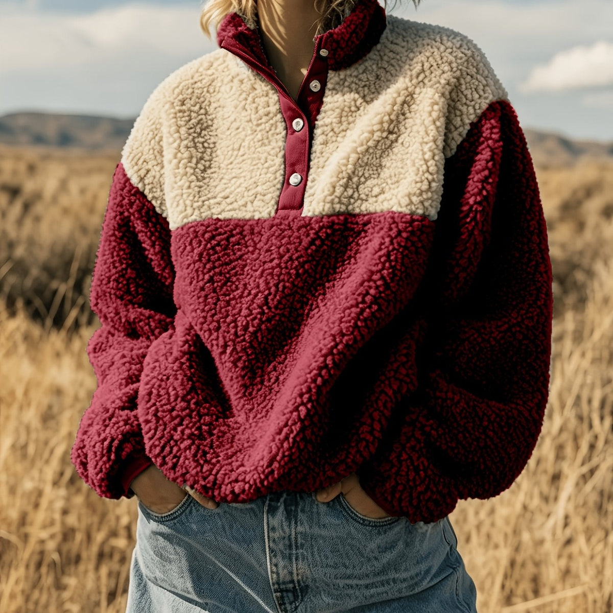 YYTT Automne Hiver Nouvelle Mode Femme Décontractée Color-Block Demi-Boutonnée Peluche Polyvalente Sweat à Manches Courtes pour Trajet/Vacances/Fête/Nouvel An/Noël — 16