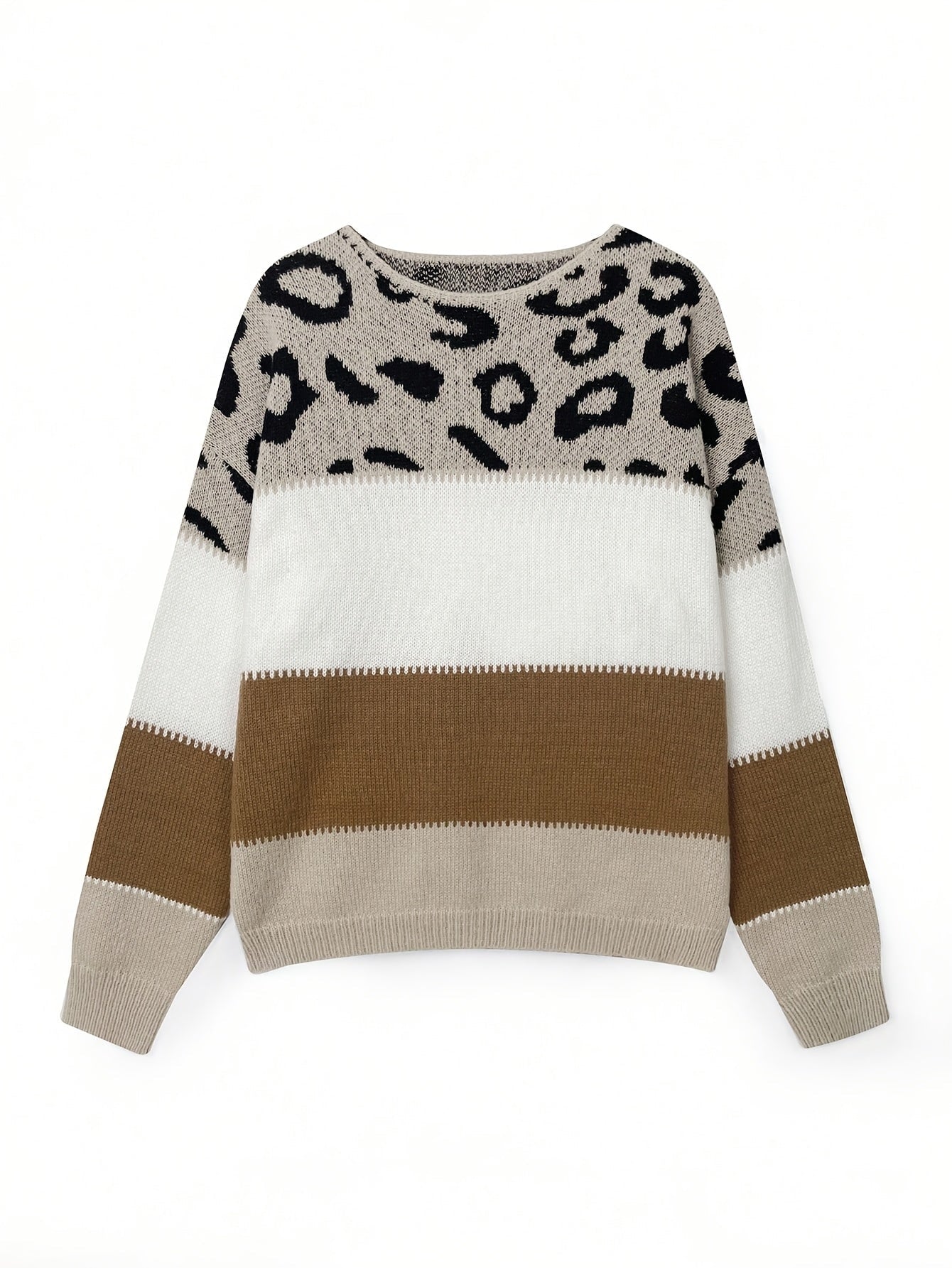 Pull Femme Automne Hiver Imprimé Léopard Color Block Épaules Dénudées Manches Longues Ample Élégant Décontracté — 8