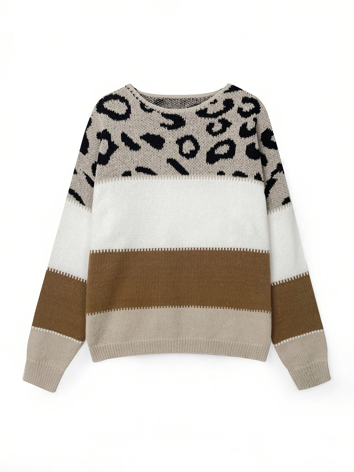 Pull Femme Automne Hiver Imprimé Léopard Color Block Épaules Dénudées Manches Longues Ample Élégant Décontracté — 8